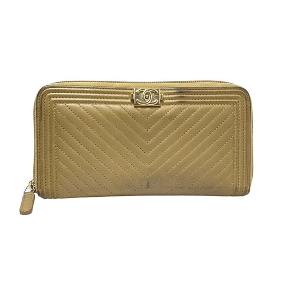 Auth CHANEL Boy Chanel/V Stitch (Chevron) - Beige Lambskin Long Wallet - Picture 1 of 10